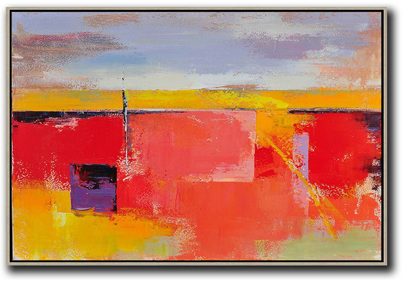 Large Abstract Art,Horizontal Palette Knife Contemporary Art,Original Art Acrylic Painting,Purple Grey,Yellow,Red.etc